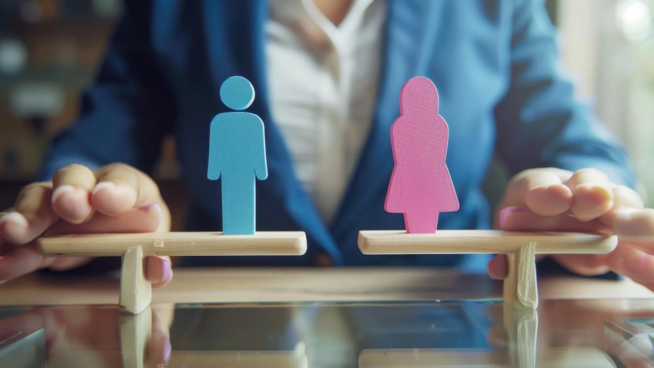 Blue and pink figures positioned on separate balance scales, representing gender differences in ADHD experiences.