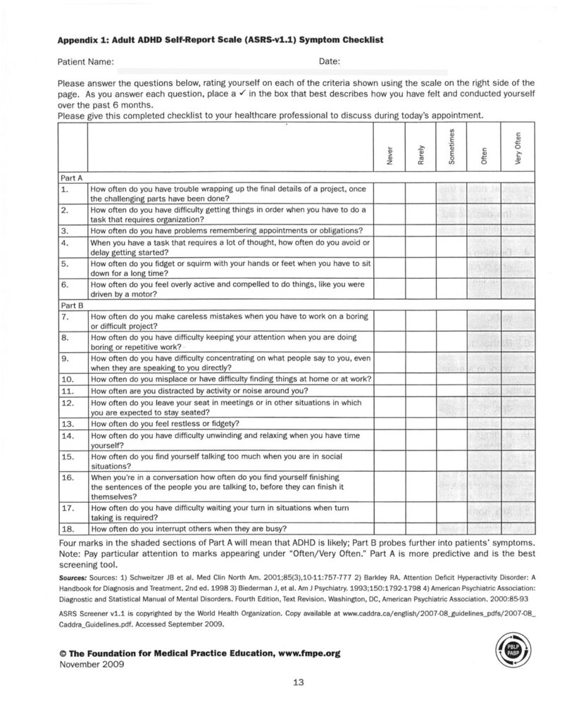 Adult ADHD Self-Report Scale ASRS-v1.1 symptom checklist with questions about the frequency of possible ADHD symptoms.